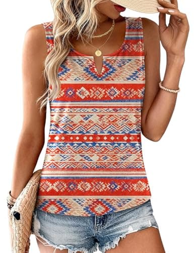 JUSTFASHIONNOW Boho Tank Tops for Women V Neck Sleeveless Tops Dressy Casual Blouses Work Shirts Summer Beach Vacation Clothes(Orange Red, Small) - Image 1