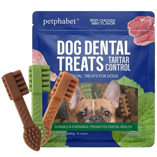 PETPHABET Dental Chews for Dogs, 3 Flavor Dog Dental Treats Fresh Mint Chicken & Beef Flavor for Medium Large Breed, Teeth Cleaning Chew Sticks for Bad Breath and Tartar Control, 15 Count Variety Pack - Image 1