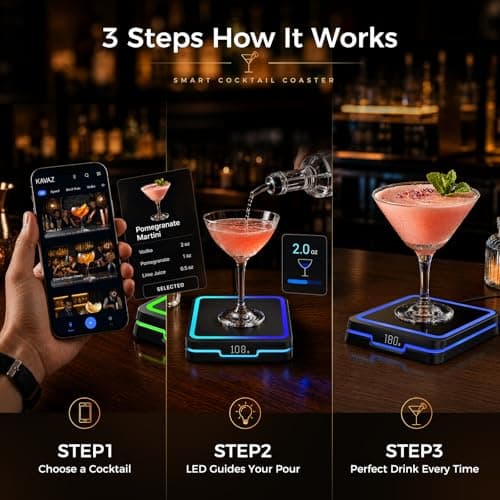 KAVAZ Smart Cocktail Maker with LED Pour Guidance, App-Controlled Drink Mixing Assistant, 3000+ Cocktail Recipes, Smart Coaster for Home Bar, Cool Gadget Gift for Men Dad Husband(Black) - Thumbnail 3