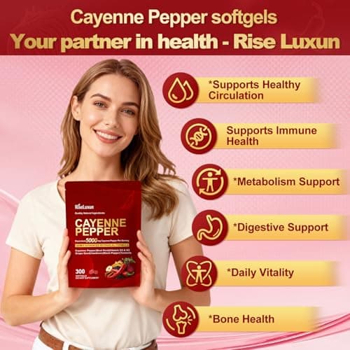 RiseLuxun 12-in-1 Cayenne Pepper Capsules Supplement*, 5000mg Per Serving Containing | Vitamin D3 K2+E & Extracts of Grape Seed, Hawthorn, Beetroot, Berberine Other Extracts - Thumbnail 2