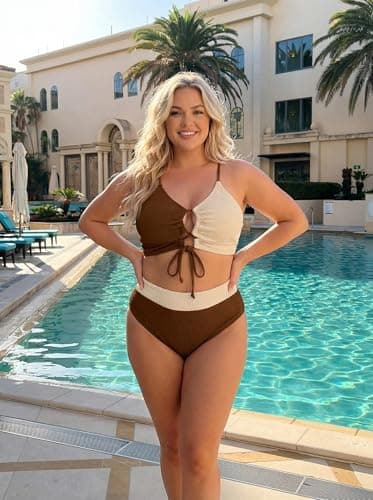 Herseas Women's Cute Textured 2 Piece Bikini Sets Wire Free High Waisted Swim Suits Tie Front 2026 Colorblock Push Up Top Cut Out Ruched Bathing Suit Slimming Cruise Essentials Coffee Small - Thumbnail 3
