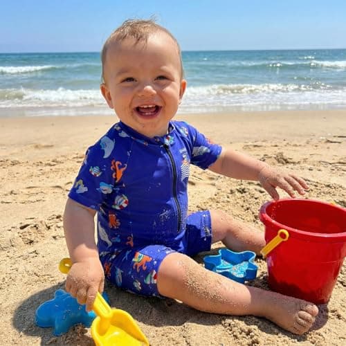 DivingBirds Toddler Boy Rash Guard Swimsuit Short Sleeve,Baby Boy One Piece Swimwear Sun Protection Bathing Suit,Blue Shark,3-6 Months - Thumbnail 2