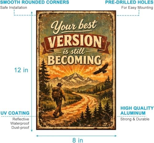 Your Best Version Is Still Becoming Tin Sign Inspirational Quote Metal Wall Decor Vintage Mountain Trail Artwork Motivational Rustic Plaque for Home Office Gym Cabin Man Cave Wall 8x12 Inch - Thumbnail 5