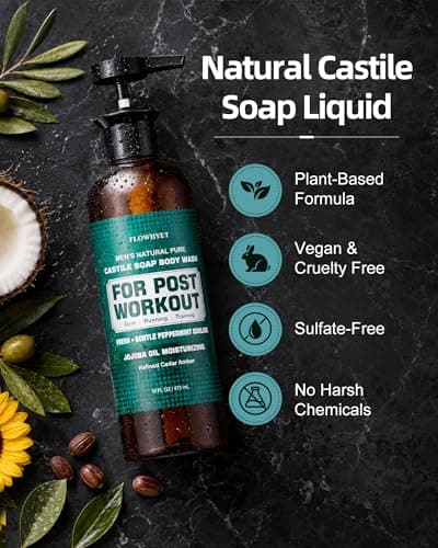 FLOWHYET Mens Body Wash, Pure Castile Soap Liquid for Sport & Post-Workout, Cedar Amber Scent Moisturizing Body Wash for Men After Gym, Running & Training, 16 Oz Pack of 2 Pump Bottle - Thumbnail 6