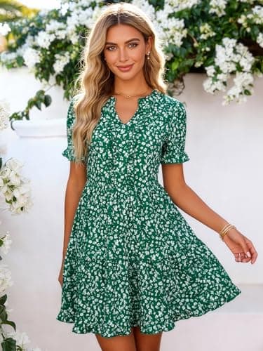 Berydress Women's Casual Summer Mini Sun Dress 2026 Vacation Trendy Floral Ruffle Babydoll Flowy Boho Easter Ladies Dresses with Pockets(XL,6316-Green Flo) - Thumbnail 6