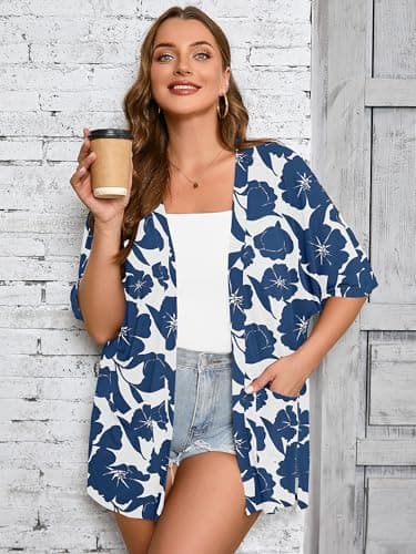 AusLook Plus Size Printed Cardigan for Women 3X Short Sleeve Lightweight Open Front Shrug with Pockets for Dresses and Layering - Thumbnail 3