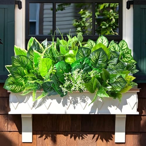 Livole 12Pcs 12 Styles Artificial Plants Outdoor Realistic UV Resistant Artificial Flowers Large Bunches Faux Plants Greenery Stems Boston Fern for Garden Porch Planter Window Box Home Decor - Thumbnail 3