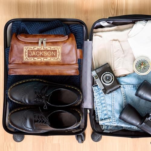 Personalized Toiletry Bag for Men - Custom Large Leather Dopp Kit with Engraved Name & Text, Personalized Gift for Groomsmen, Husband, Dad, Boyfriend, Birthday or Christmas Gifts for Men - Thumbnail 6