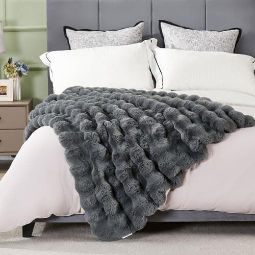DREAMNINE Soft Faux Bubble Rabbit Fur Throw Blanket for Couch, Thick Cozy Decorative Warm Fuzzy Fur Blanket for Sofa Chair Bedroom Living Room Dorm Gift, 50 * 60 Inches, Grey - Thumbnail 2