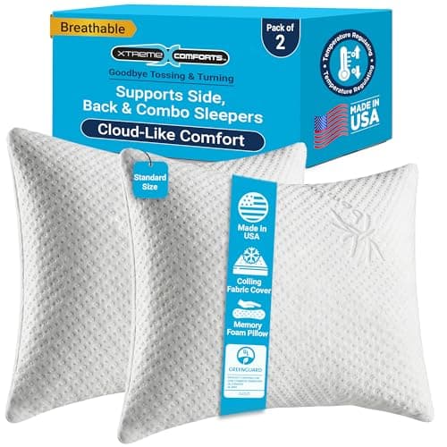 Xtreme Comforts Memory Foam Pillows | GREENGUARD Certified Shredded Foam Fill for Personalized Support | Slim Cooling Pillow for Sleeping on Side, Back & Stomach | 2 Pillows Standard Size