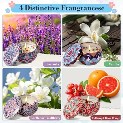 4 Pack Scented Candles for Women Men - 8% Essential Oil Aromatherapy Candle Set, 50H Long Lasting Natural Soy Wax Candles, Travel Tin Gift Box for Stress Relief Spa Yoga Birthday Housewarming Xmas - Thumbnail 2