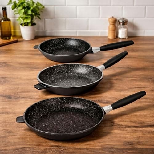 Berghoff EuroCAST Cast Aluminum Nonstick 3Pc Fry Pan Set, 8", 10" & 11", Induction Cooktop Ready, Detachable Handle, Space Saving