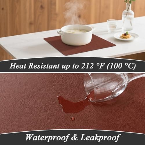 SHACOS Faux Cowhide Leather Placemats Set of 6, Wipeable Heat Resistant Table Mats, Stain Resistant Double Sided Reversible PU Place Mats for Dining Table Kitchen Restaurants, Chestnut and Gray Beige - Thumbnail 4