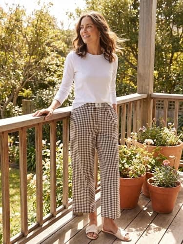 Lallabai 2026 Women Striped Gingham Palazzo Cropped Pants Lounge Boxer Pajama Pants Wide Leg PJ Bottoms Trousers with Pockets - Thumbnail 5