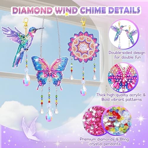 Crafts for Girls 8-12, Diamond Art Kits for Girls Ages 10-12, 3 PCS Diamond Art, DIY Suncatchers & Wind Chime Kits for Kids, Great Arts & Crafts Birthday Gift, Pretty Home/Garden/Backpack décor - Thumbnail 3
