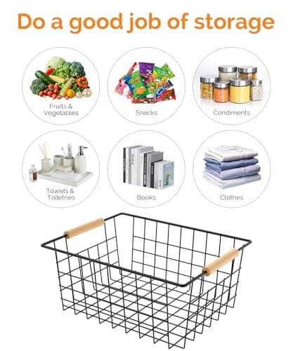 FavoThings Baskets for household purposes, Wire Basket with Wooden Handle, Metal Utility Storage Basket for Organizing Kitchen Pantry Cabinets, Metal Basket Storage Organizer (Black 2 Pack) - Thumbnail 4
