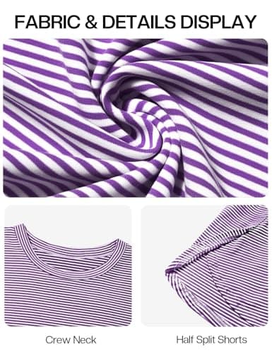 JUSTFASHIONNOW Womens Short Pajamas Set 2 Piece Lounge Set Women Stripe Print Short Sleeve Split Shorts Sets Casual Fall Shorts Sets Comfy Loungewear Outfits (Purple, XX-Large) - Thumbnail 6