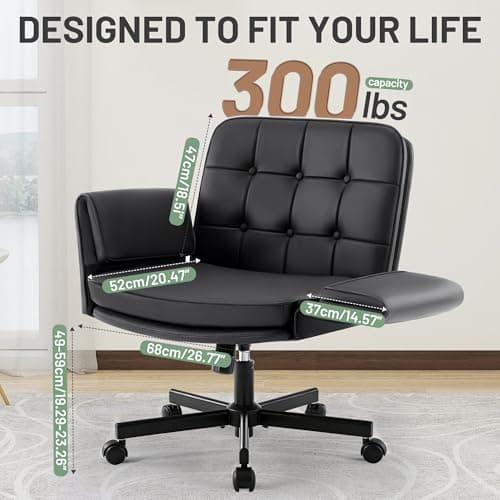 Hayelf Criss Cross Chair with Wheels - PU Leather Comfy Wide Seat Criss Cross Desk Office Chair with Armrests - Comfortable Swivel Rolling Tilting Vanity Chair with Back for Home Office Makeup Bedroom - Thumbnail 2