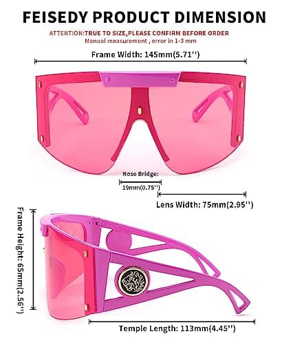 FEISEDY Sunglasses for Women, One Piece Oversized Sunglasses for Men and Women, Big Shades, Wrap Shield for Cycling, Driving, Vacation (B4027, Pink) - Thumbnail 6