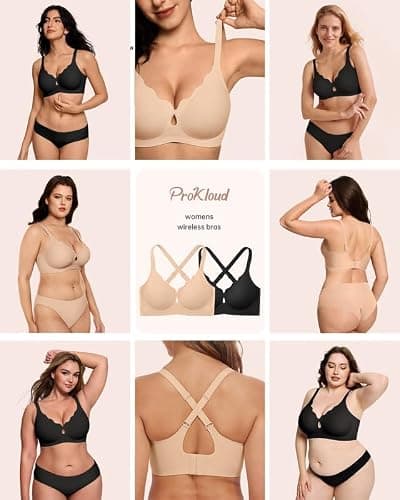 ProKloud Bras for Women No Underwire Wireless Full Coverage Jelly Bras Scalloped-Black+Nude X-Large - Thumbnail 5