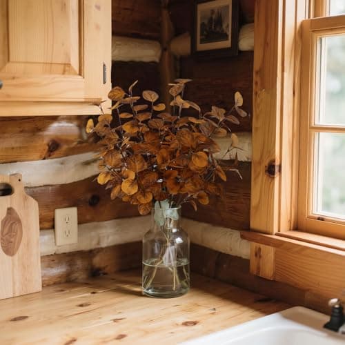 siqifloral 4PCS 23.62" Autumn Brown Metallic Artificial Eucalyptus Stems Real Faux Eucalyptus Leaves for Fall Home Decor, Thanksgiving Centerpiece Christmas Living Room Vase Decoration - Thumbnail 4