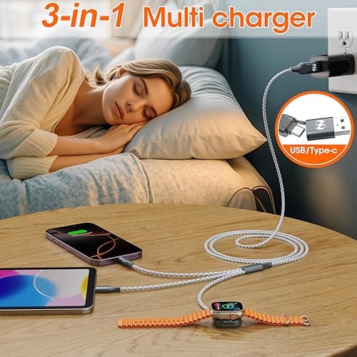 Multi Charging Cable for Apple Watch Charger 4FT, 3 in 1 Charging Cable USB A/C to Lightning Type C USB C Cord iWatch Magnetic Wireless Charger Wire for Apple iWatch iPhone Android Phone - Thumbnail 2