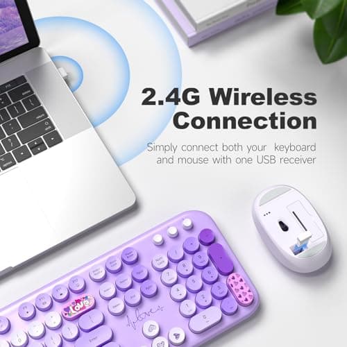Wireless Keyboard and Mouse, Typewriter Full Size Keyboard with Number Pad and 2 in 1 USB Connected Mouse for Windows 7/8/10, Laptop, Desktop, PC, Computer (Purple Colorful) - Thumbnail 2