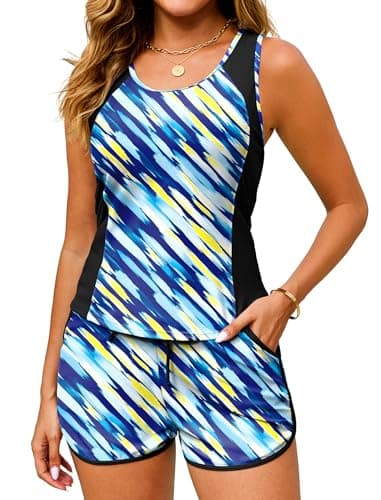 Tankini Swimsuits for Women Two Piece Athletic Bathing Suits Blouson Top with Sporty Boy Shorts Blue Twill Large - Thumbnail 2