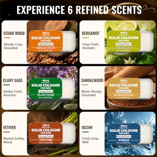 ALPLUG 6 Pack Solid Cologne Gifts for Men, Mens Cologne Gift with Cedar Wood, Bergamot, Sandalwood, Clary Sage, Vetiver, Ocean Perfume, Birthday Gifts for Him Dad Husband Boyfriend, Travel Gift - Thumbnail 2