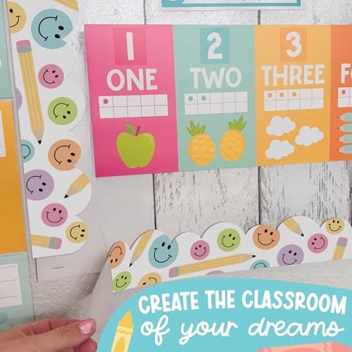 50ft Bulletin Board Borders Trim - Classroom Borders for Bulletin Board Decorations, Teacher Supplies for Classroom Decor Preschool, Kindergarten & Elementary, Smiley Scalloped Boarders - Thumbnail 6