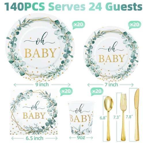Gudvilla 140PCS Sage Green Baby Shower Decorations for Boy, Baby Shower Plates and Cups and Napkins Sets Serves 20, for Eucalyptus Boho Boy Neutral - Thumbnail 2
