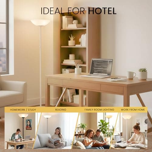 Modern Floor Superlamp 10000 Lumen - LED 75W, Dimmable 5 Changing Color, 85 CRI All Around Light, Tall Corner Standing Lamp with Cement Base and Acrylic Shade, Glare Free UpLight Kit Ready - White - Thumbnail 4