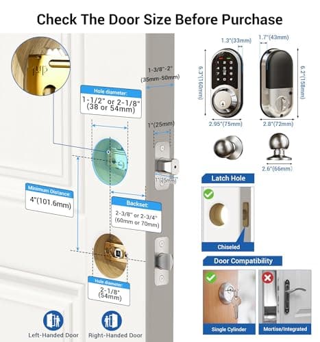Veise RZ06C Smart Locks for Front Door, 2 Knob Handle Set, Keyless Entry Deadbolt, App Control, Electronic Touchscreen Digital Keypad, Auto Lock, Easy Installation, IP54 Waterproof, Satin Nickel - Thumbnail 6