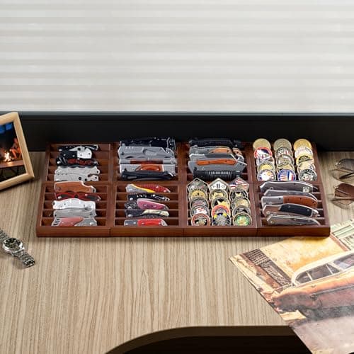 amoard Knife Display Case Knife Holder for Pocket Knife Case Storage, Edc Tray Fits Edc Flashlight (Walnut,1 Pack) - Thumbnail 6