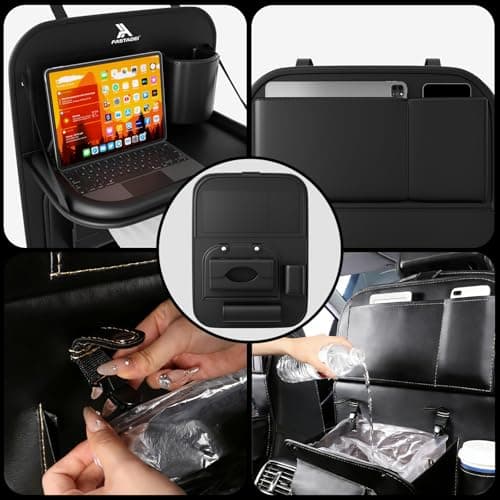 FASTAGEI Universal Premium Leather Foldable Car Backseat Organizer with Table Tray, Car Seat Back Protector with Garbage Bag Touch Screen Pad Holder, Car Kick Mats Protector with Tissue Holder (Black) - Thumbnail 5