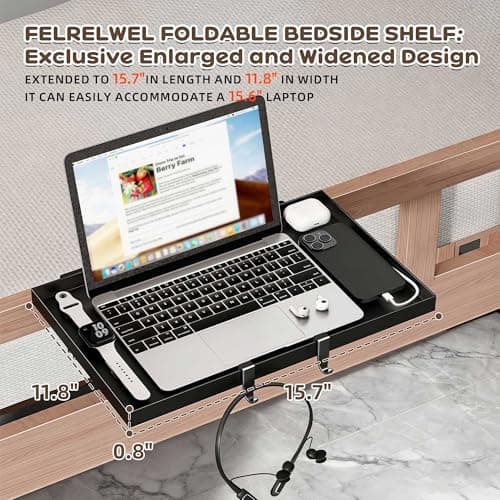 FelRelWel Foldable Bedside Shelf, Extra Large Floating Tray Table for Dorm Room & Bunk Bed, Side Table with 3 Cord Holes,College Dorm Room Essentials for Max 15.6" Laptops (15.7" x 11.8", Black) - Thumbnail 2