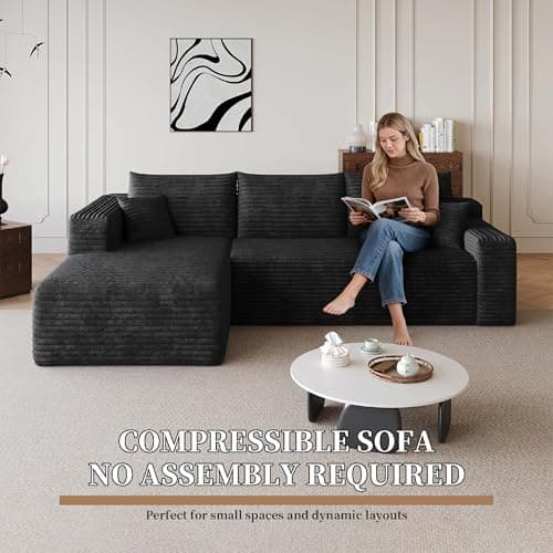 96" L Shaped Modular Sectional Sofa, Boneless Small Couch for Small Space, Corduroy Deep Seat Cloud Couch, No Assembly, Perfect for Apartment (Black, Left Facing Chaise) - Thumbnail 3