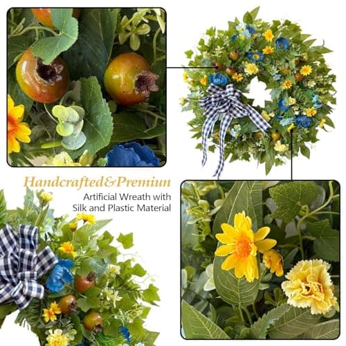 WANNA-CUL 24 Inch Year Round Spring Summer Wreaths for Front Door, Blue Yellow Floral Door Wreath with Pomegranates Daisy - All Season Decorative Wedding Wall Wreath Indoor Outdoor Farmhouse Decor - Thumbnail 5
