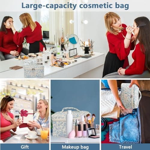 Gosect Large Travel Quilted Makeup Bag for Women,Big Floral Cotton Cosmetic Bag, Cute Coquette Aesthetic Floral Toiletry Organizer Bag (Blue Rose) - Thumbnail 6