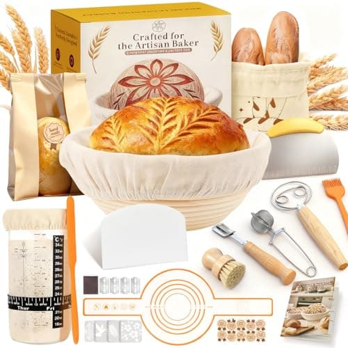 RYMTOX Complete Sourdough Starter Kit with Manual | Easy to Clean for Beginners | Sourdough Bread Baking Supplies with Round Bread Proofing Basket, Bread Sling, Starter Jar, Dough Whisk, Scrapers, Bag