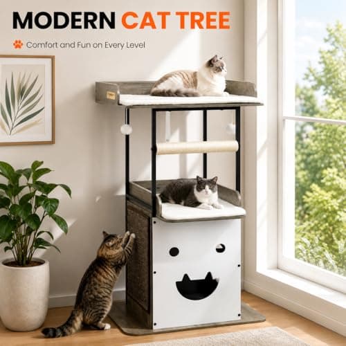 Feliskyn Wood Modern Cat Tree Tower for Indoor Large Cats,48-Inch Tall Wooden Cat Trees with Big Perch Bed, Multi-Level Condo with Scratching Board and Posts, Removable Pads, Cat Furniture, Greige - Thumbnail 2