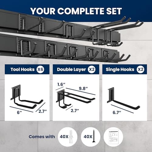 SUKIZZ 64'' All-Metal Garage Tool Organizer Wall Mount – Heavy-Duty Tool Rack Holds 680 lbs, Adjustable Hooks for Garage, Yard, and Garden Equipment - Thumbnail 5