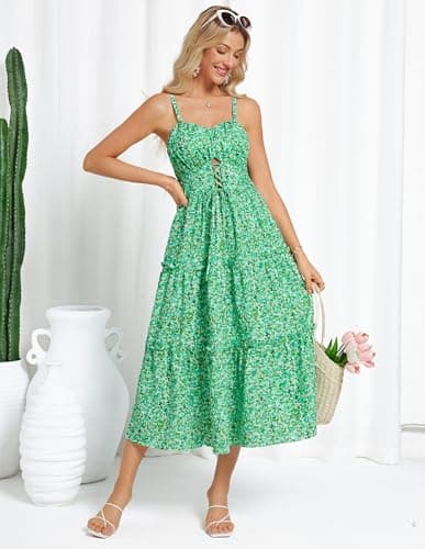 GRACE KARIN 2026 Women's Spaghetti Vacation Sundress Summer Beach Flowy Boho Floral Maxi Dresses with Pockets Green Blue Floral XL - Thumbnail 4