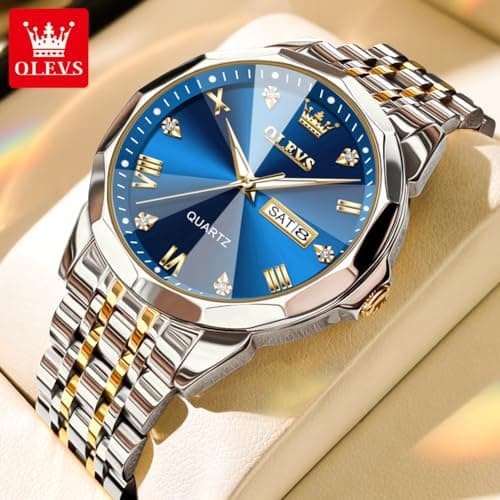 OLEVS Watches for Mens Silver Watches for Men Luxury Blue Mens Watch Diamond Dial Stainless Steel Watch for Men Reloj para Hombre - Thumbnail 2