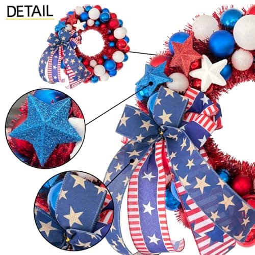 HipTree 16 Inch Patriotic Ball Wreath for Front Door with Lights, 4th of July Wreath with Red White Blue Stars & Ribbon for Memorial Day, Independence Day,Veterans Day, Flag Day,Summer Decorations - Thumbnail 3