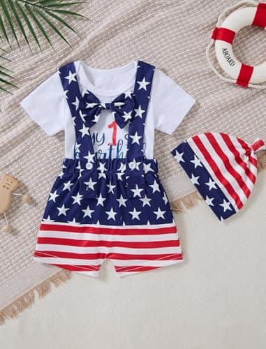 Hihosdor My First 4th of July Baby Boy Outfit, 3 Pcs Patriotic Romper + Overalls Shorts & Hat Newborn Clothings Sets - Thumbnail 2