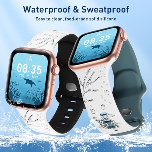 HMFCBFSS Engraved Cute Sea Turtle Band Compatible with Apple Watch Bands for Women Men 38mm 40mm 41mm 42mm, Stylish Two-Tone Floral Soft Silicone Sport Strap Fit iWatch Series 11 10 Se 9 8 7 6 5 4 3 2 1 (White/Green, 38mm/40mm/41mm/(42mm-Series 11 10) - Thumbnail 4