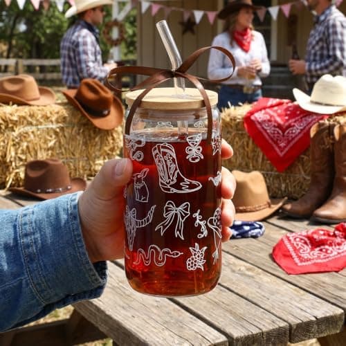 Celebloom Western Gifts for Women, Cute Glass Cup for Cowgirl, Western Cowgirl Stuff Iced Coffee Tumbler for Country Girl Gifts Christmas Birthday Mothers Day Gift for Friend 16oz - Thumbnail 3