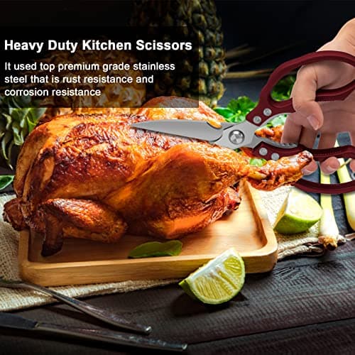 CGBE Kitchen Scissors All Purpose Heavy Duty, Ultra Sharp Stainless Steel Kitchen Shears Dishwasher Safe, Cooking Shears for Chicken, Poultry, Fish, Meat, Herbs & Grapes with Non-Slip Grips (Red) - Thumbnail 5