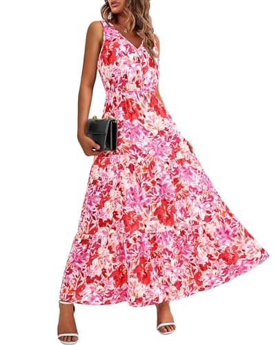 BTFBM Women Summer Dresses Casual Sleeveless Maxi Dresses Cute Floral Long Dress Wedding Guest Dress(Rose Red Flower,XX-Large) - Image 1